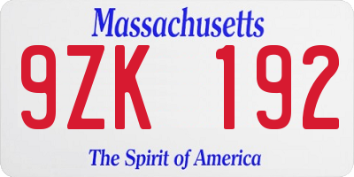 MA license plate 9ZK192