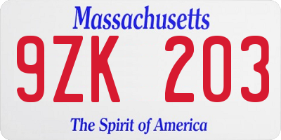 MA license plate 9ZK203