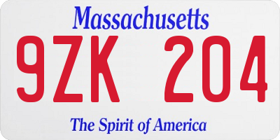 MA license plate 9ZK204