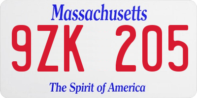 MA license plate 9ZK205