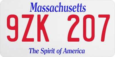 MA license plate 9ZK207