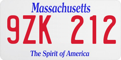 MA license plate 9ZK212