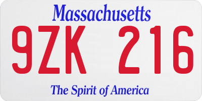 MA license plate 9ZK216