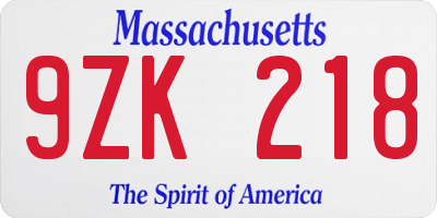 MA license plate 9ZK218
