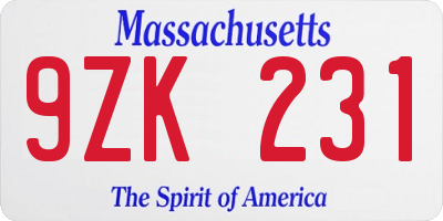 MA license plate 9ZK231