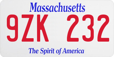 MA license plate 9ZK232