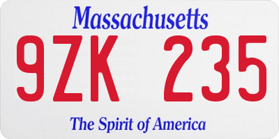 MA license plate 9ZK235