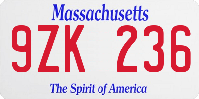 MA license plate 9ZK236