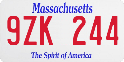 MA license plate 9ZK244
