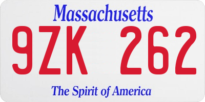 MA license plate 9ZK262