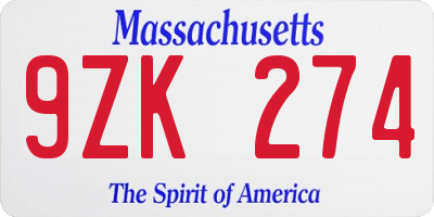 MA license plate 9ZK274