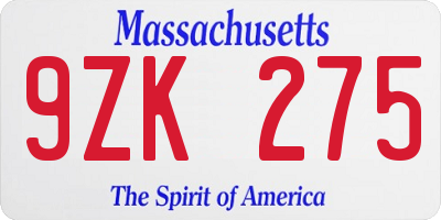 MA license plate 9ZK275