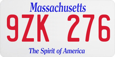 MA license plate 9ZK276