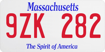MA license plate 9ZK282