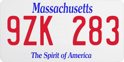 MA license plate 9ZK283