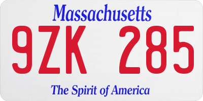 MA license plate 9ZK285