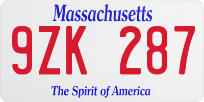 MA license plate 9ZK287