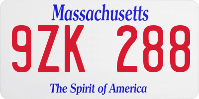 MA license plate 9ZK288