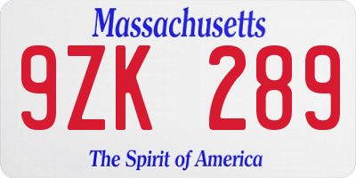 MA license plate 9ZK289