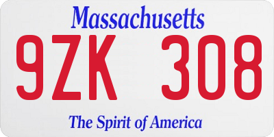 MA license plate 9ZK308
