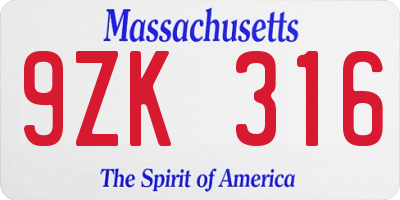 MA license plate 9ZK316