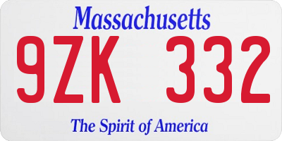 MA license plate 9ZK332
