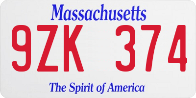 MA license plate 9ZK374