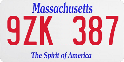 MA license plate 9ZK387