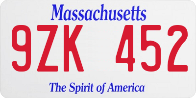 MA license plate 9ZK452