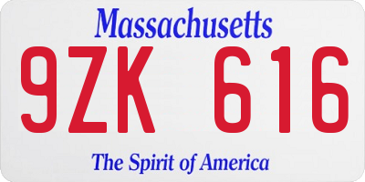 MA license plate 9ZK616