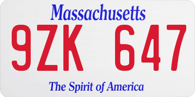 MA license plate 9ZK647
