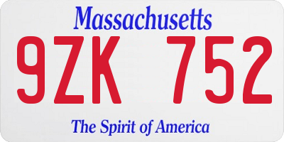 MA license plate 9ZK752