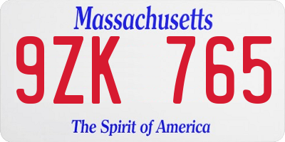 MA license plate 9ZK765