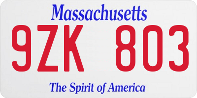 MA license plate 9ZK803