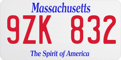 MA license plate 9ZK832