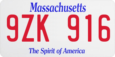 MA license plate 9ZK916