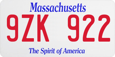 MA license plate 9ZK922