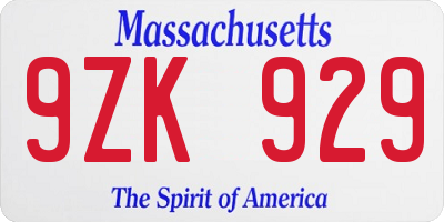 MA license plate 9ZK929