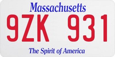 MA license plate 9ZK931