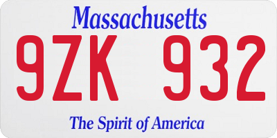 MA license plate 9ZK932