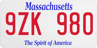 MA license plate 9ZK980