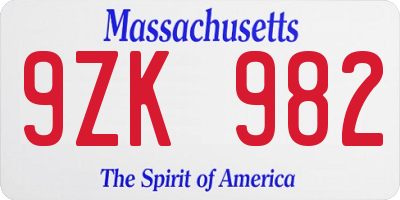 MA license plate 9ZK982