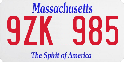 MA license plate 9ZK985
