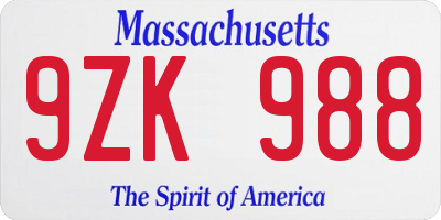 MA license plate 9ZK988