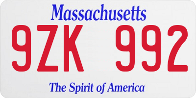 MA license plate 9ZK992