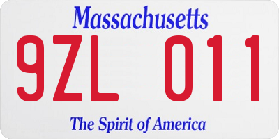 MA license plate 9ZL011