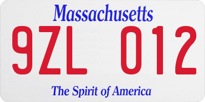 MA license plate 9ZL012