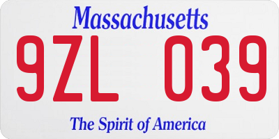 MA license plate 9ZL039