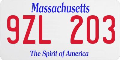 MA license plate 9ZL203