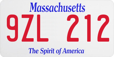 MA license plate 9ZL212